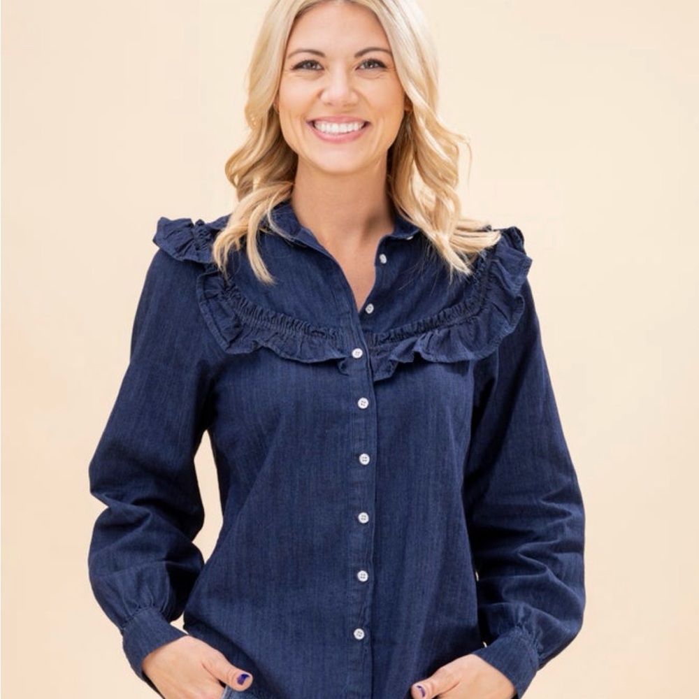 Elegant Navy Ruffle Button Down Shirt